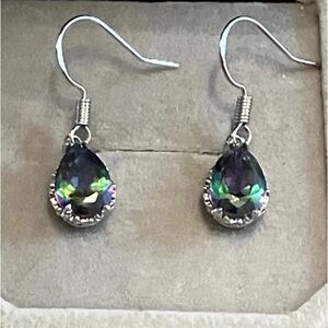 18K White Gold Rainbow Mystic Topaz Halo Diamond Dangle Teardrop Earrings